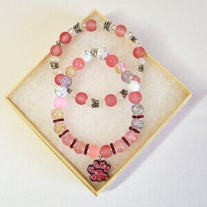 2-Light Pink Beaded Bracelet set with a Light Pink Dog Paw Charm, Size M